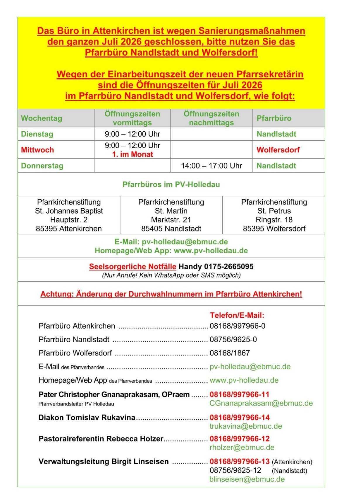 Öffnungszeiten der Pfarrbüros