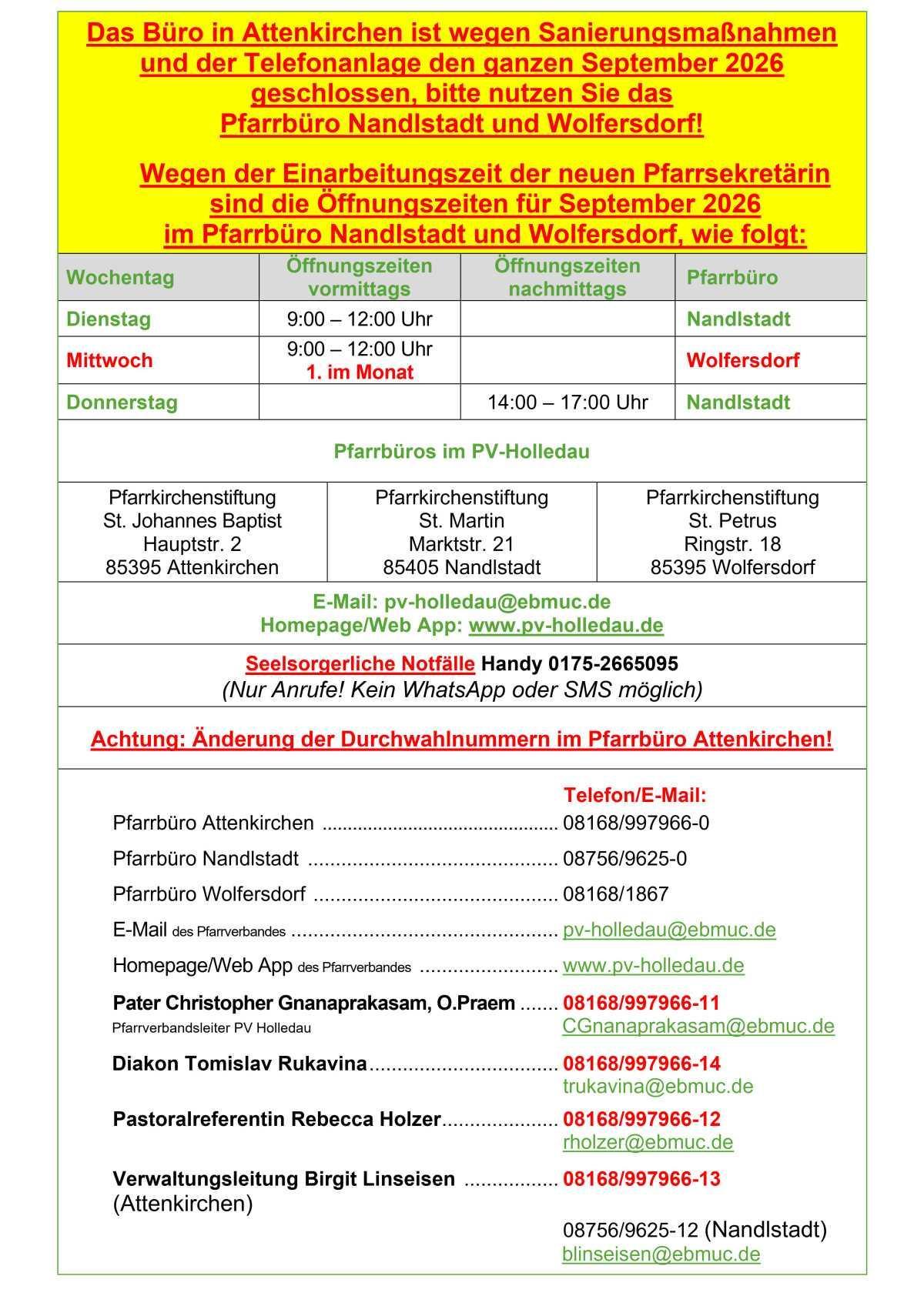 Öffnungszeiten der Pfarrbüros