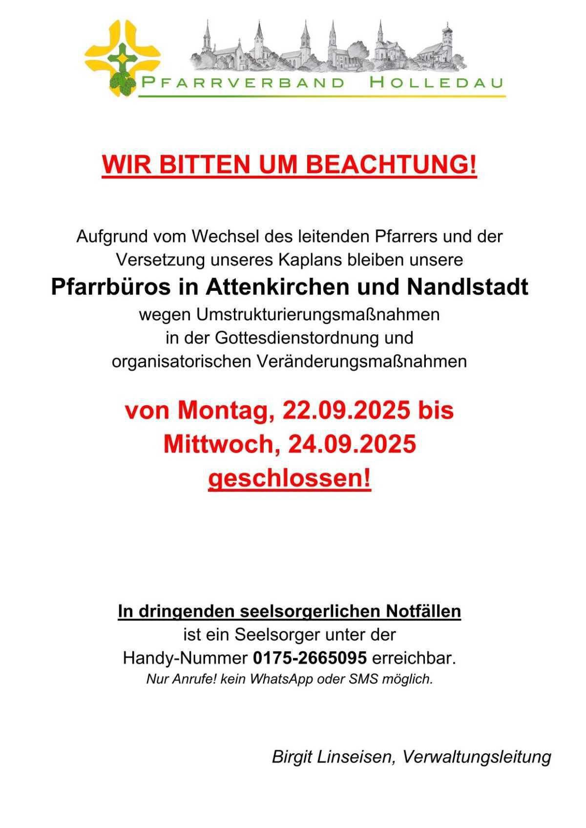 Pfarrbüros in Attenkirchen und Nandlstadt geschlossen