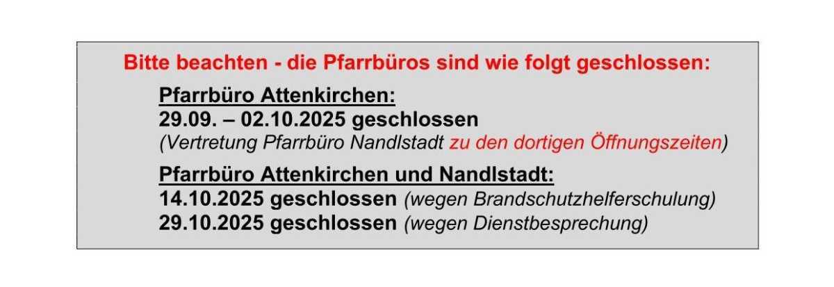 Pfarrbüros sind an diesen Tagen im Oktober geschlossen