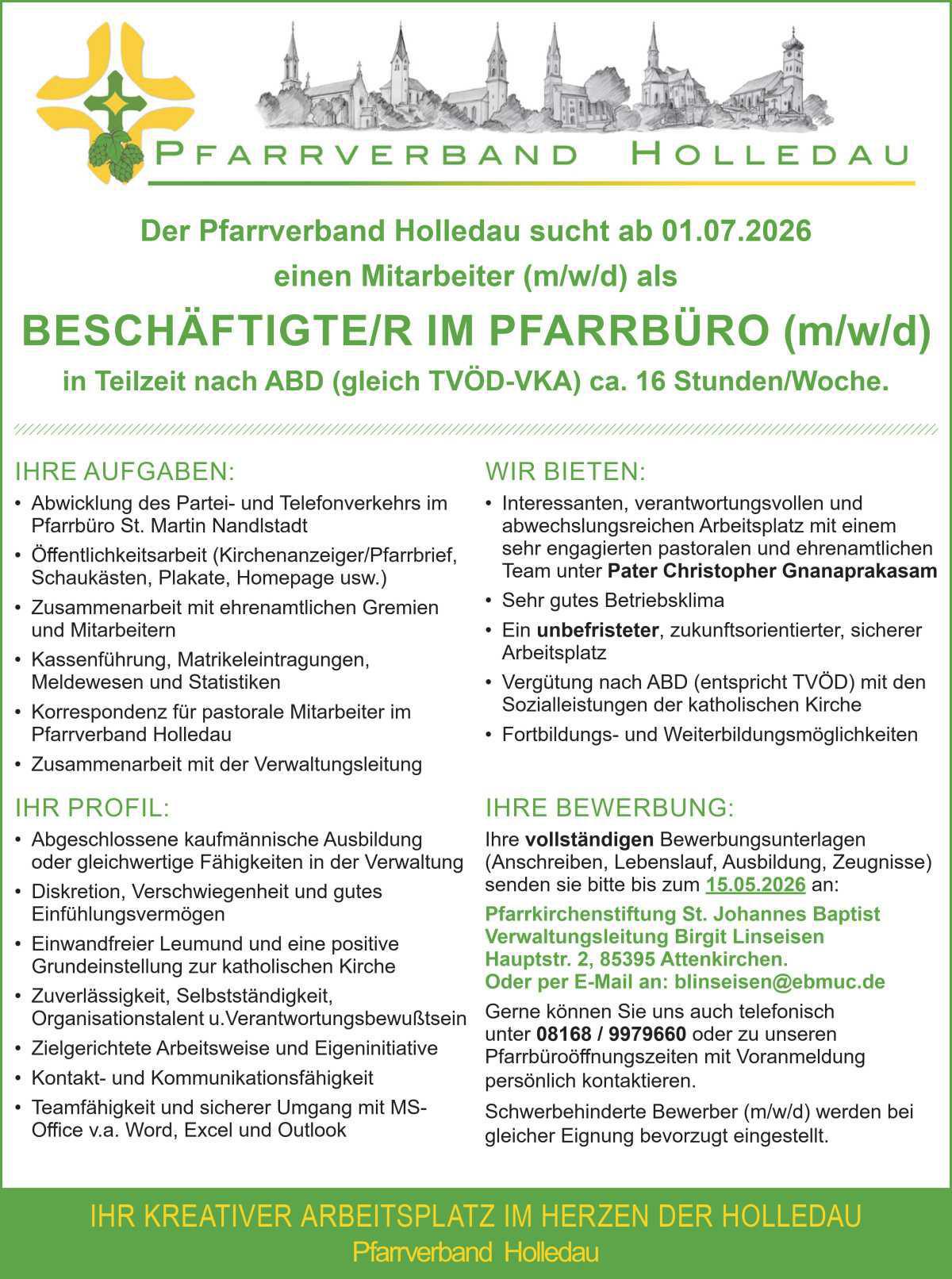 Wir suchen: Beschäftigte/r im Pfarrbüro (m/w/d)