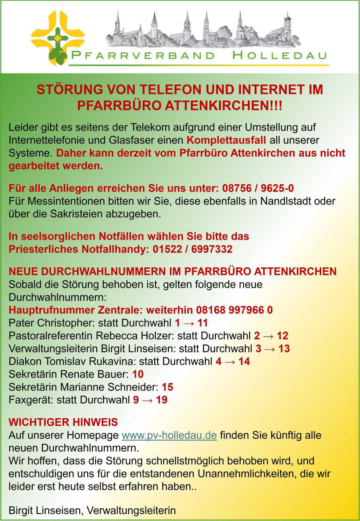 Pfarrbüro Attenkirchen -> Störung von Telefon und Internet