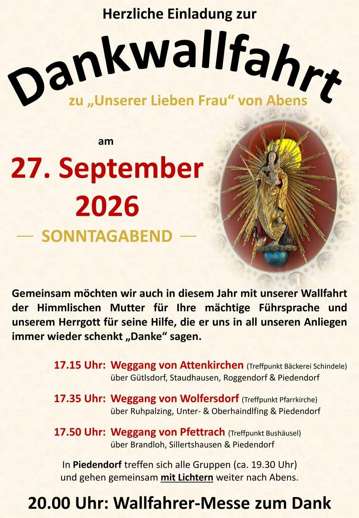 27.09.2026 - Dankwallfahrt nach Abens