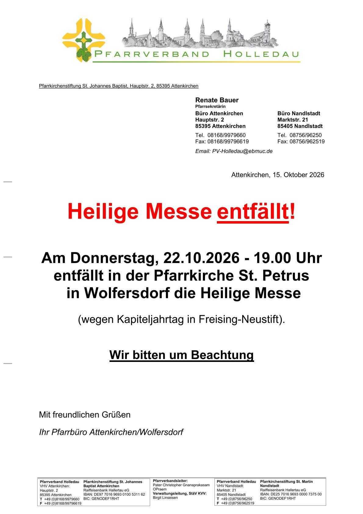 22.10.2026 - Heilige Messe entfällt in Wolfersdorf