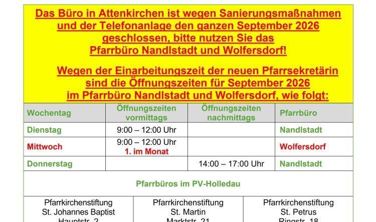 Pfarrbüro Attenkirchen -> geänderte Öffnungszeiten im September