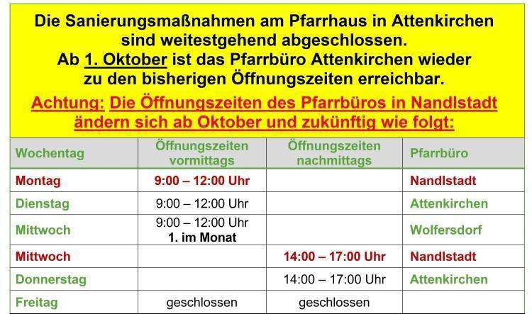 Öffnungszeiten der Pfarrbüros ab Oktober 2026