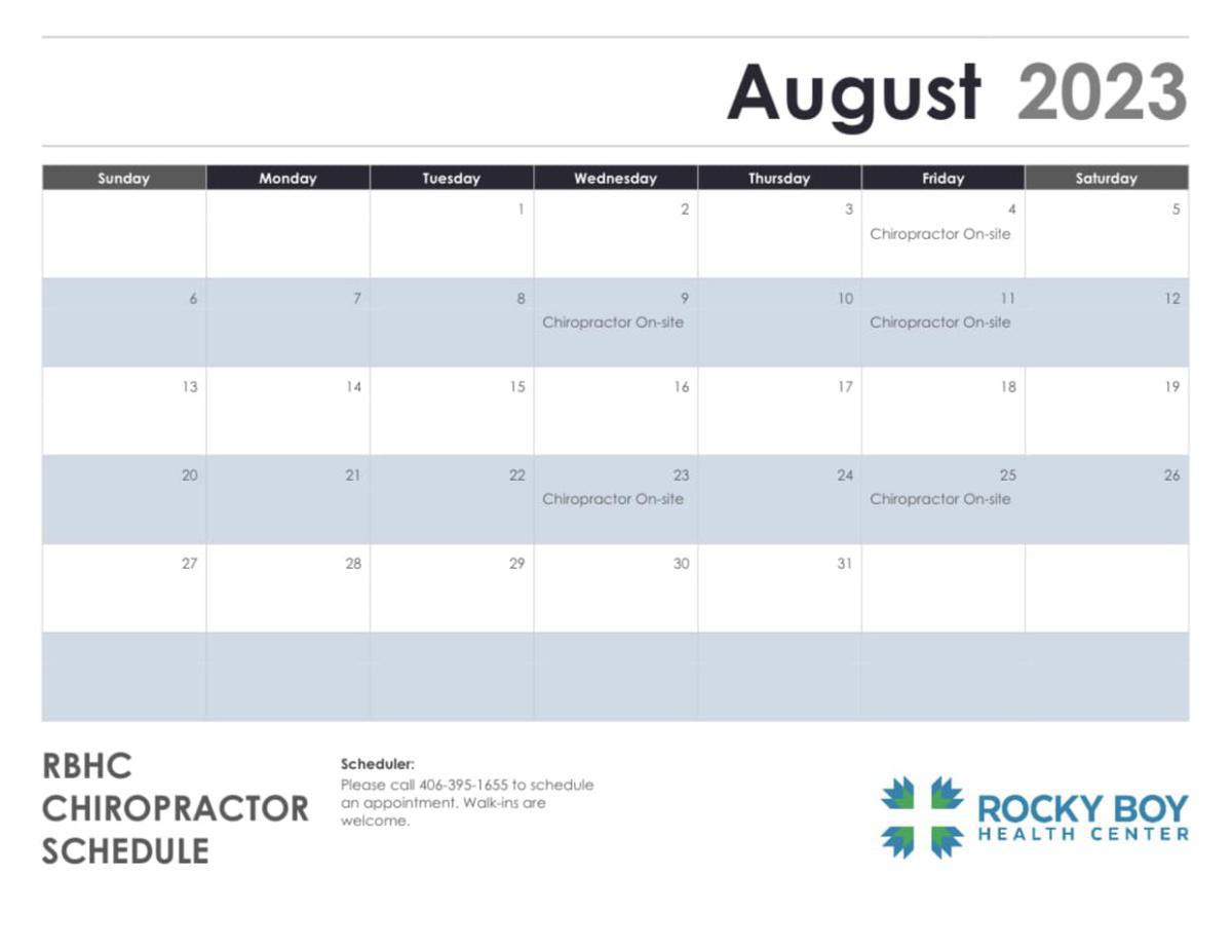 August RBHC Chiropractor Schedule