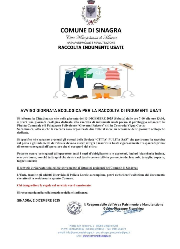 Giornata Ecologica - Raccolta Indumenti Usati (dalle ore 7:00 alle ore 13:00)