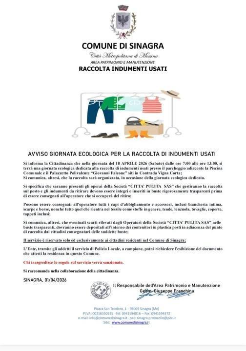 Giornata Ecologica - Raccolta Indumenti Usati (dalle ore 7:00 alle ore 13:00)