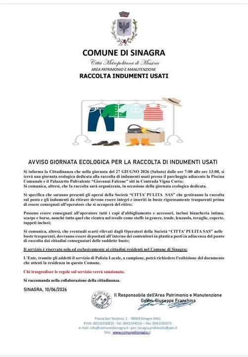 Giornata Ecologica - Raccolta Indumenti Usati (dalle ore 7:00 alle ore 13:00)