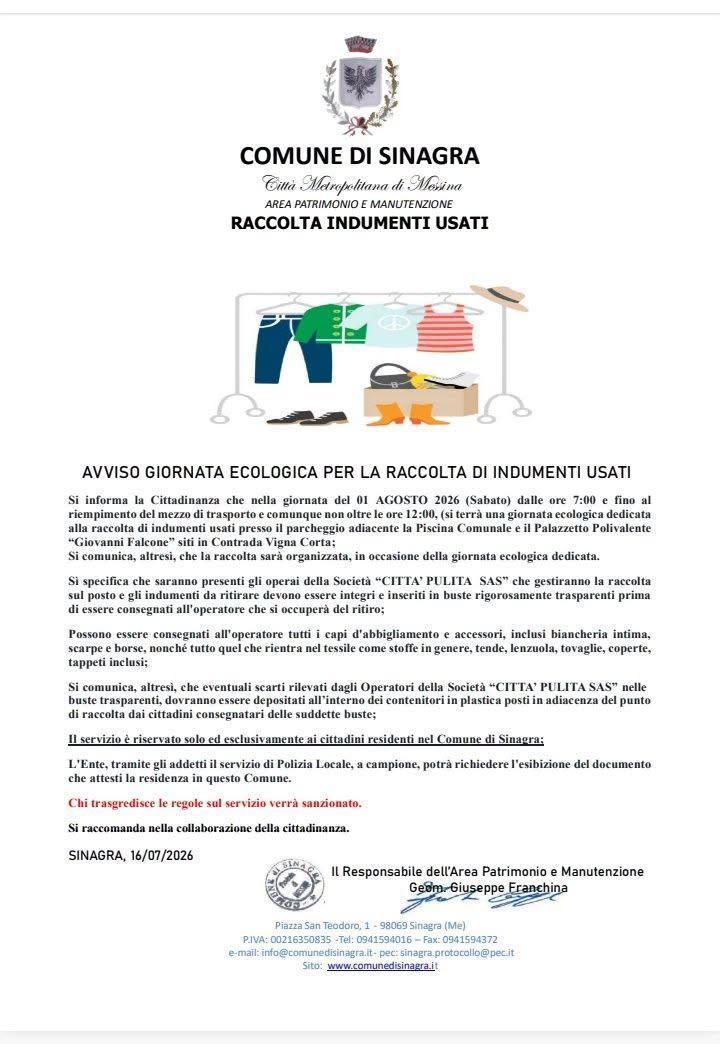 Giornata Ecologica - Raccolta Indumenti Usati (dalle ore 7:00 alle ore 13:00)