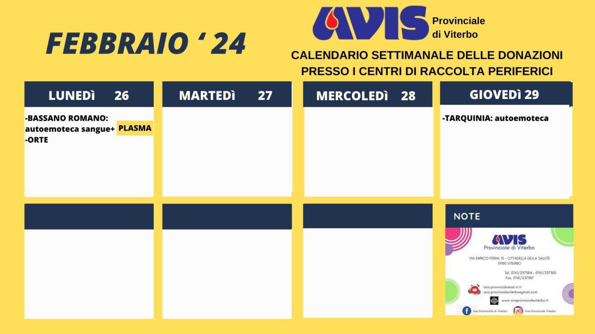 Calendario Donazioni Febbraio 
