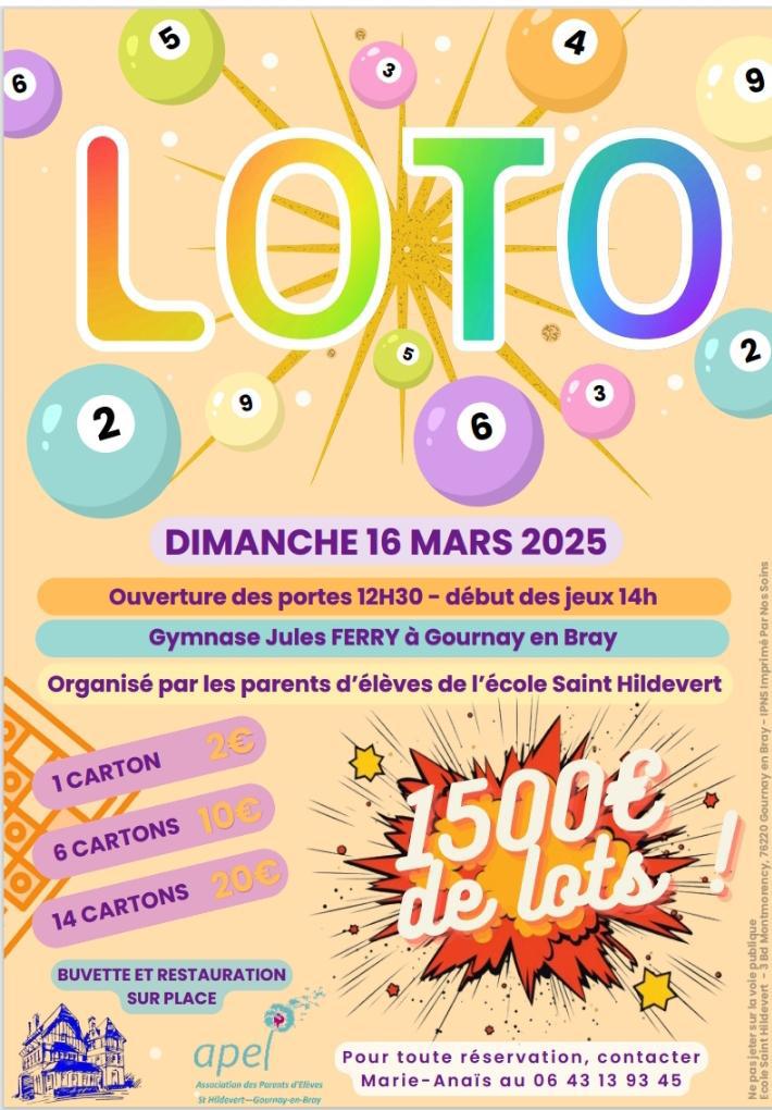 Loto, Dimanche 16 Mars, avec les parents d'élèves de St Hildevert à Gournay-en-Bray !