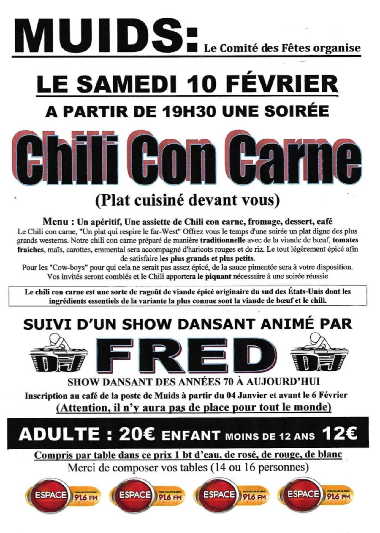 Soirée Chili Con Carné & DJ, à Muids, avec Espace !
