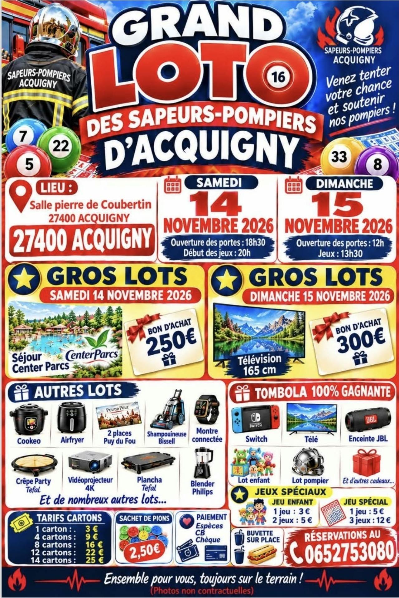 Grand Loto des Sapeurs-Pompiers d'Acquigny, les 14 & 15 Novembre 2026, avec Espace !