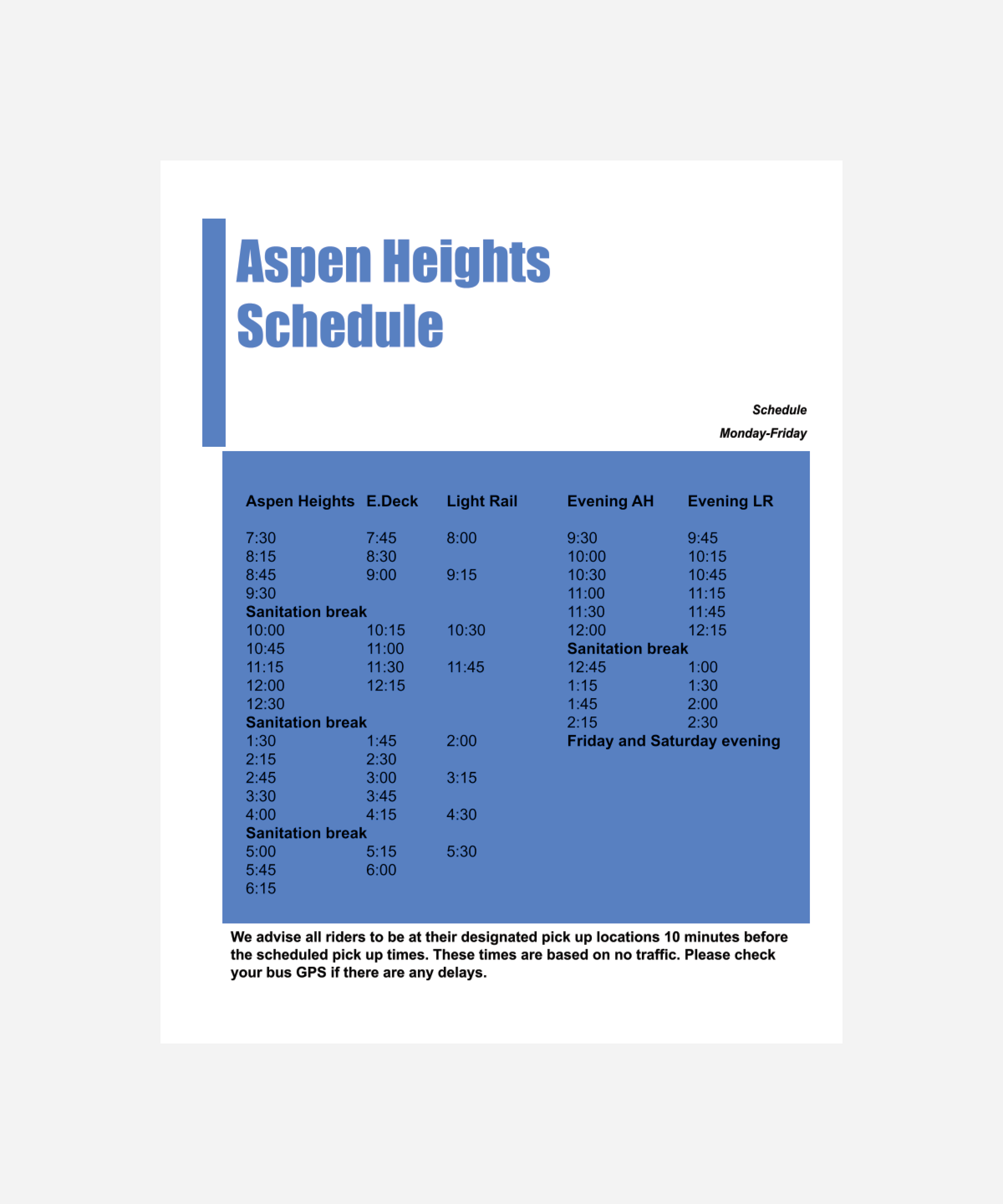 Aspen Heights Schedule Template