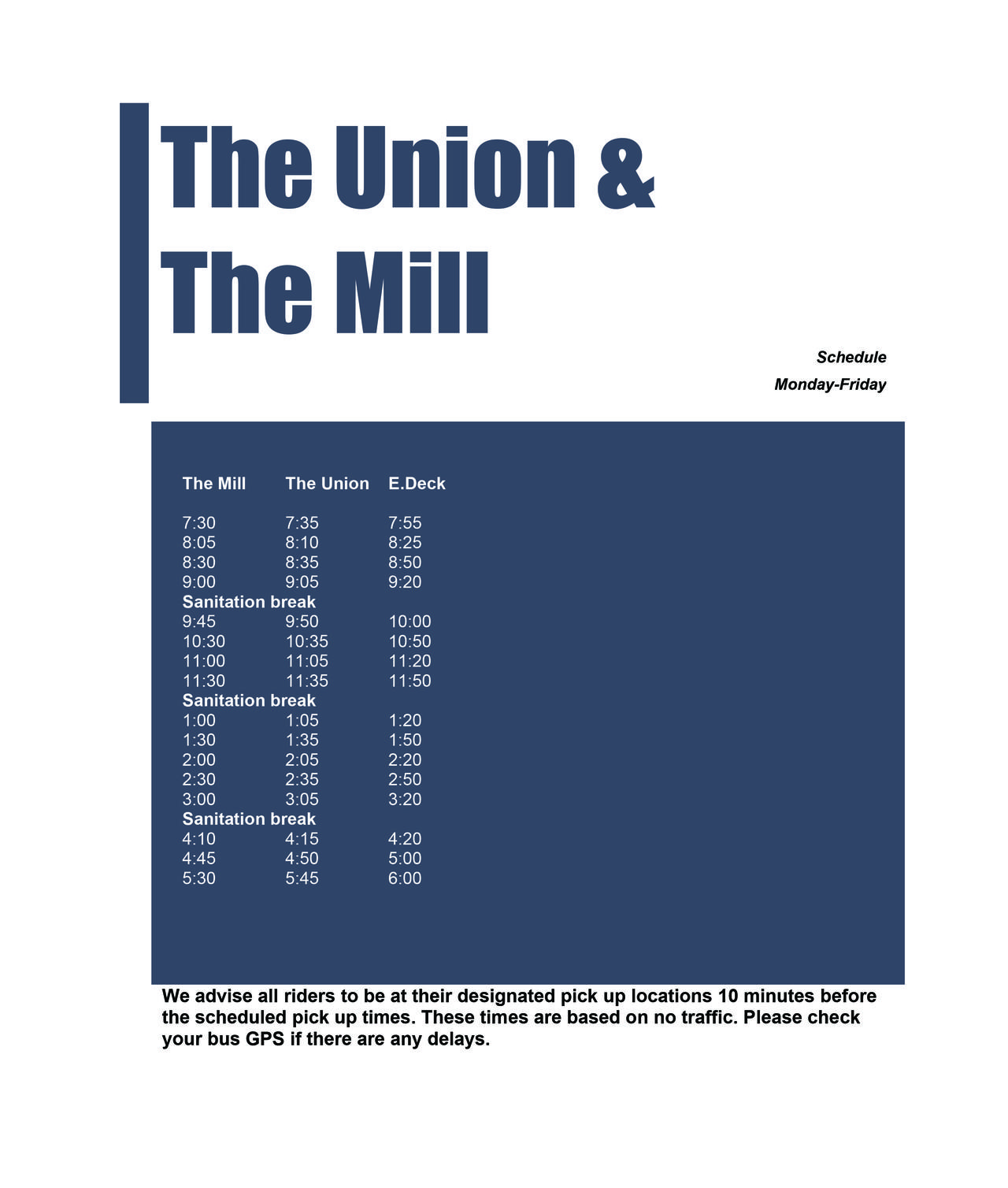 The Union n The Mill Schedule