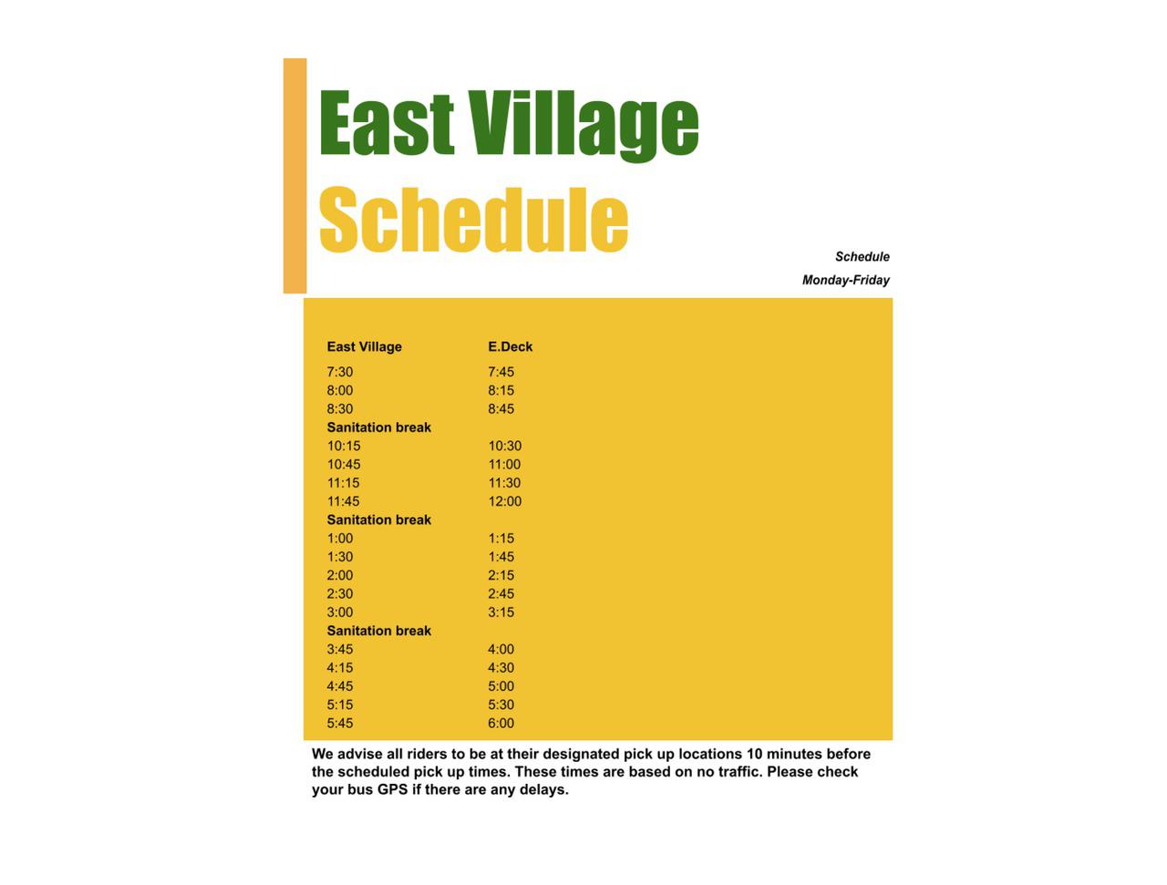 East Village Schedule