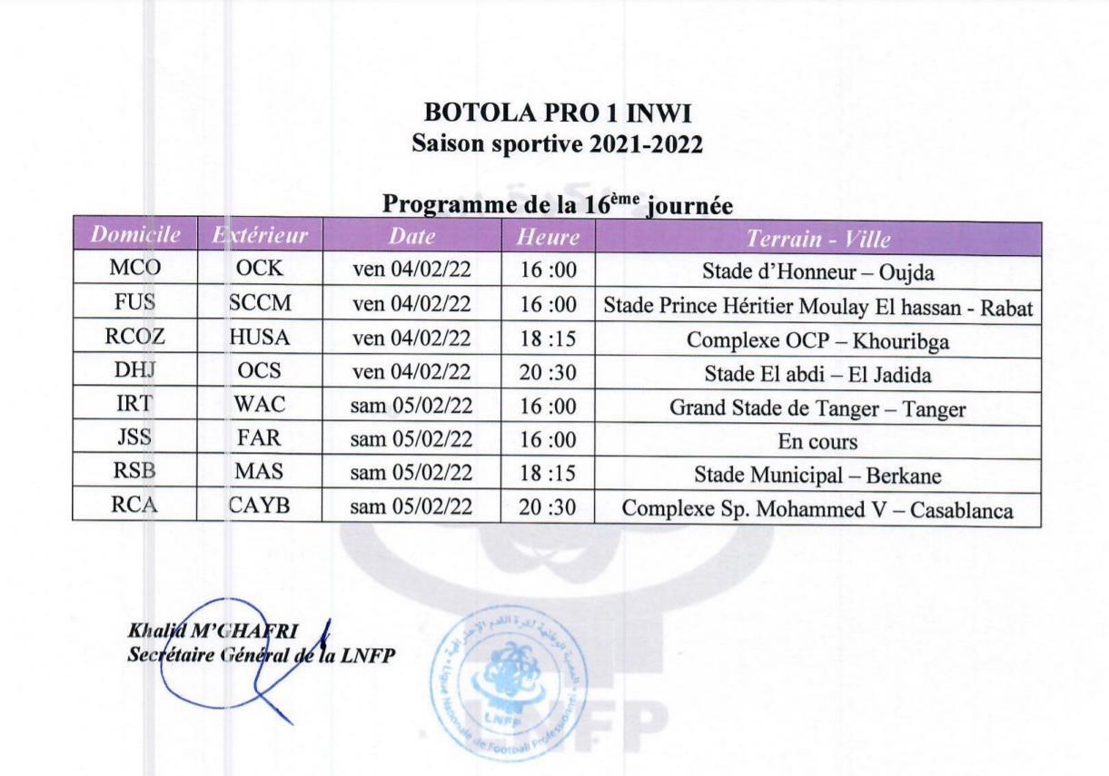 Le programme de la 16e journée de la Botola Pro dévoilé par la LNFP