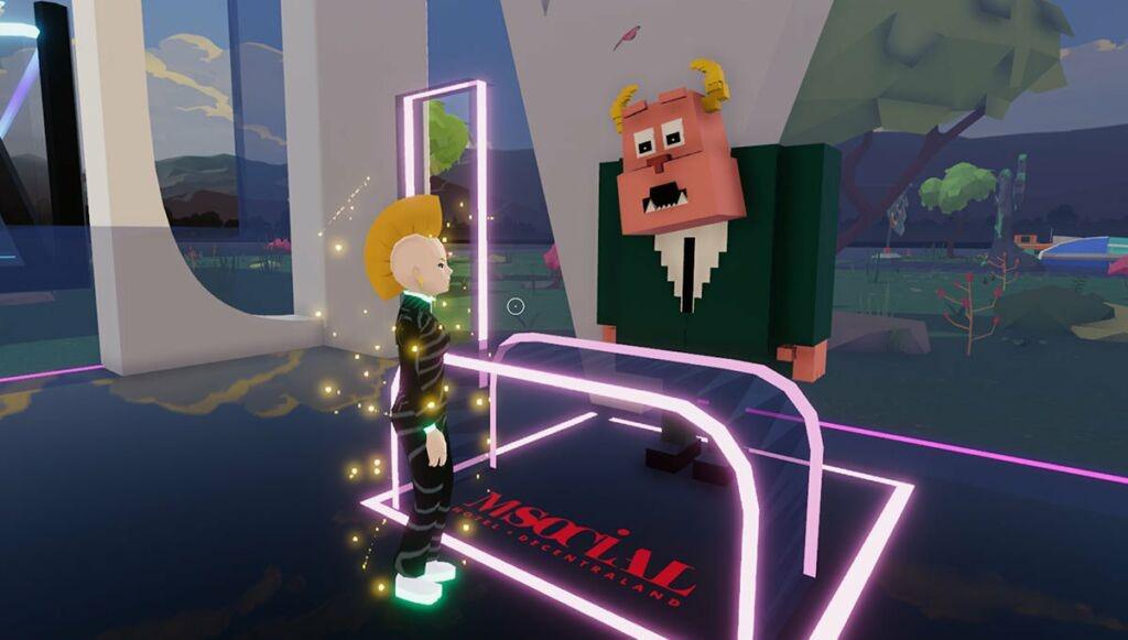 L’accueil de l’hôtel virtuel M Social dans le metaverse Decentraland.