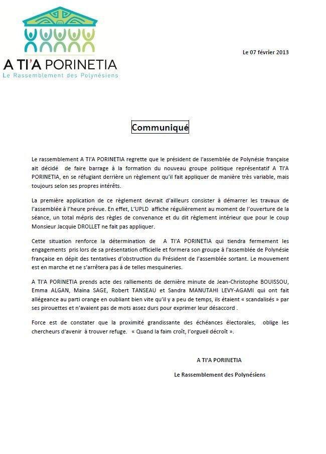 Communiqué de A Ti'a Porinetia : "l'Assemblée fait barage à la formation du nouveau groupe"