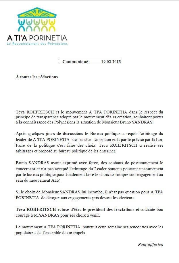 A Tia Porinetia annonce le départ de Bruno Sandras