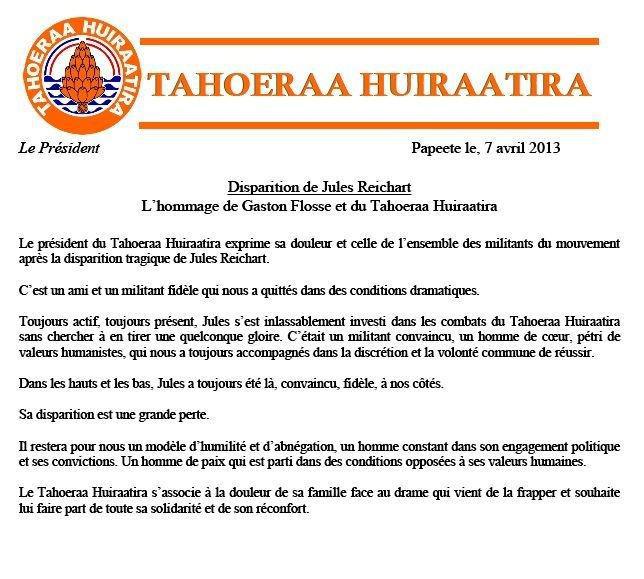 Décès de Jules Reichart: les hommages du Tahoeraa