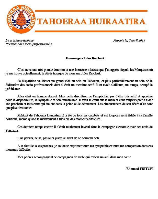Décès de Jules Reichart: les hommages du Tahoeraa