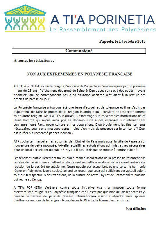 A Tia Porinetia réagit à l'ouverture d'une mosquée en Polynésie française