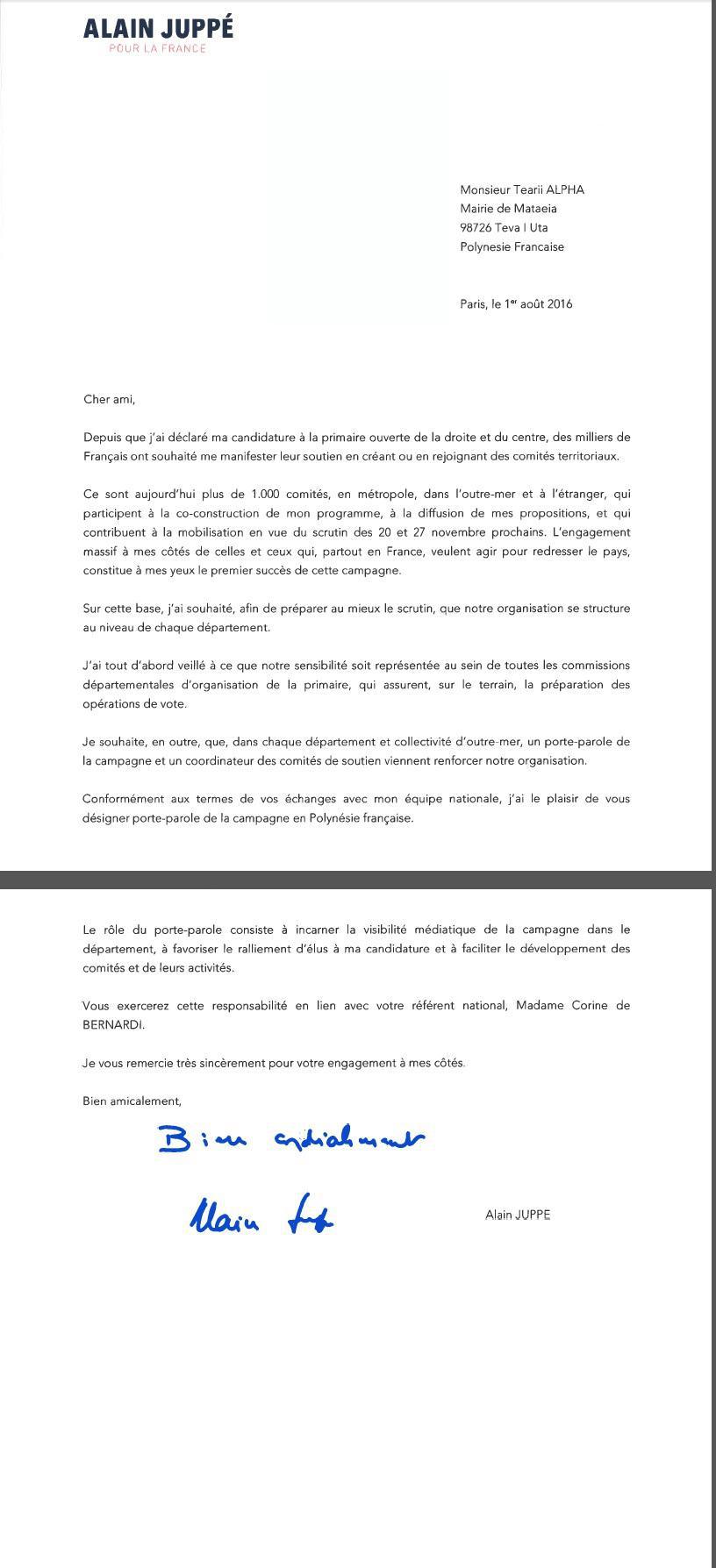 Alain Juppé désigne Tearii Alpha comme l’unique porte-parole de sa campagne