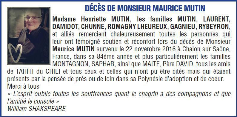 Décès de monsieur Maurice MUTIN