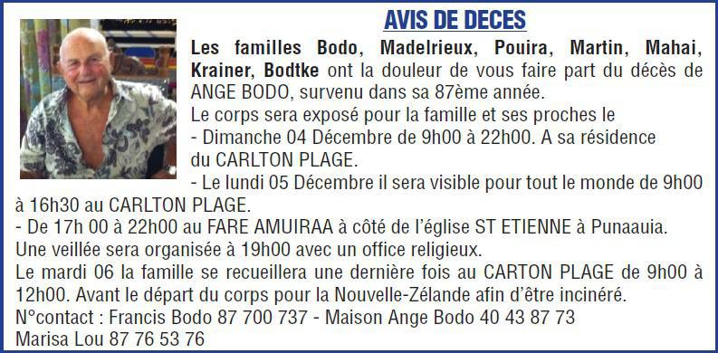 Décès de Monsieur Ange BODO