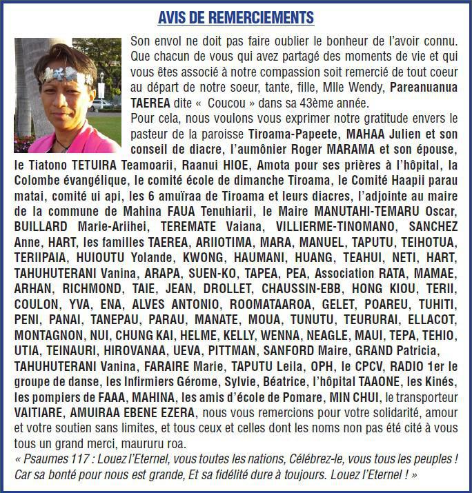 Avis de remerciements familles TAEREA