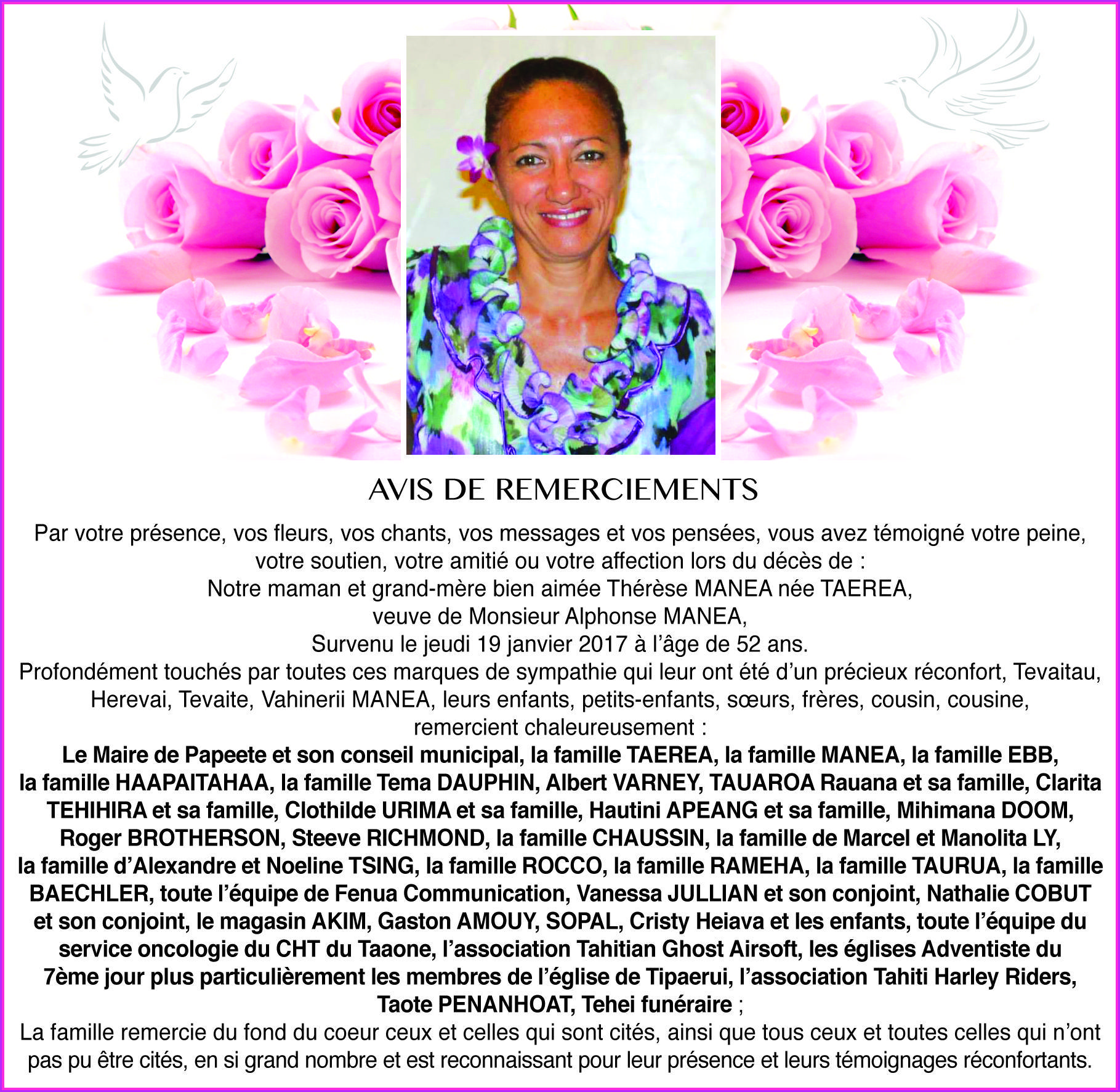 Avis de remerciements familles MANEA, TAEREA