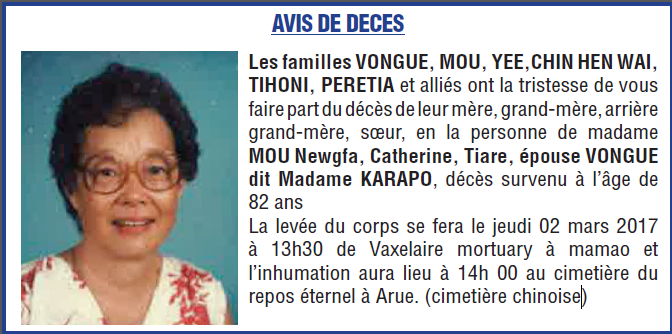 Avis de décès Familles VONGUE, MOU