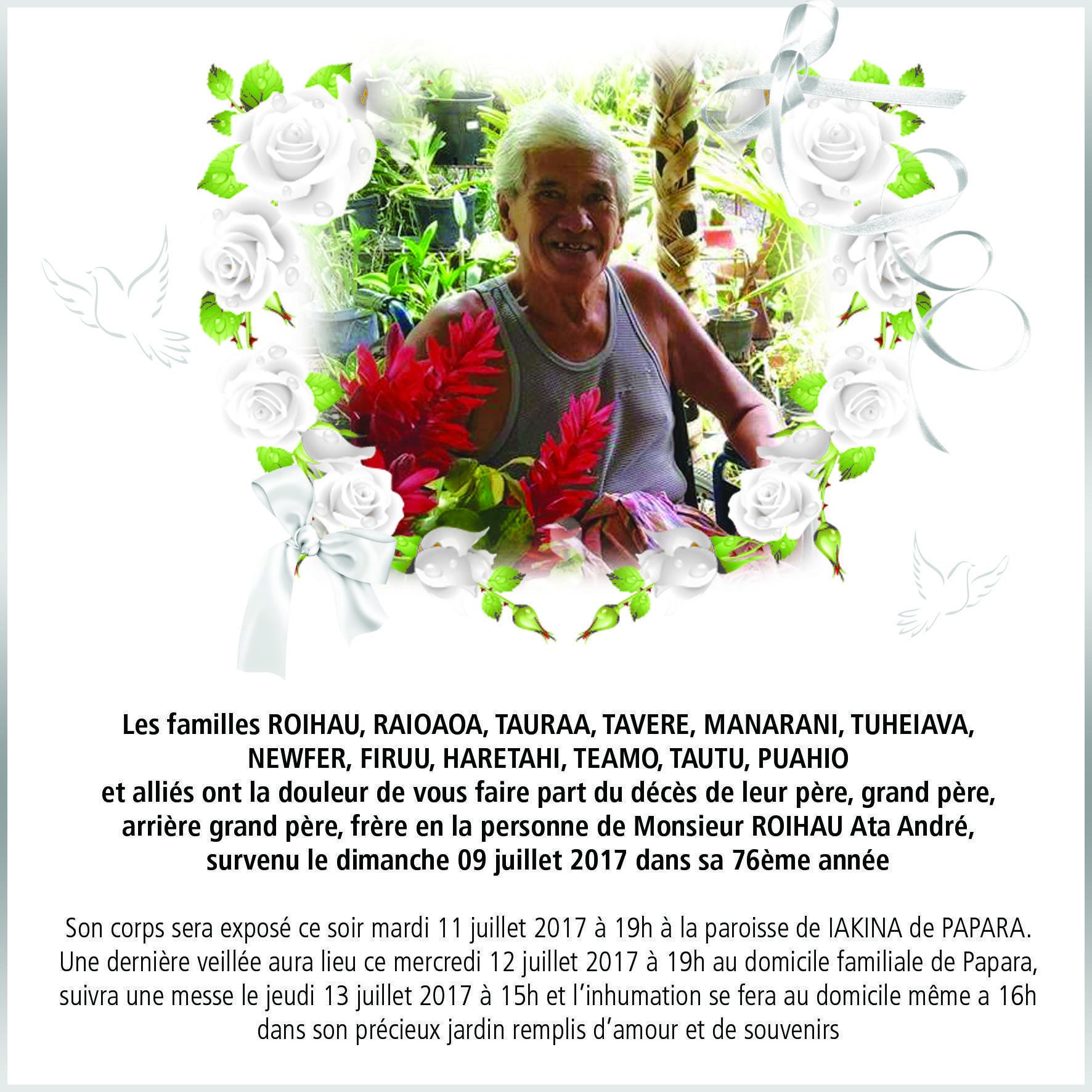 Décès de Monsieur ROIHAU Ata André