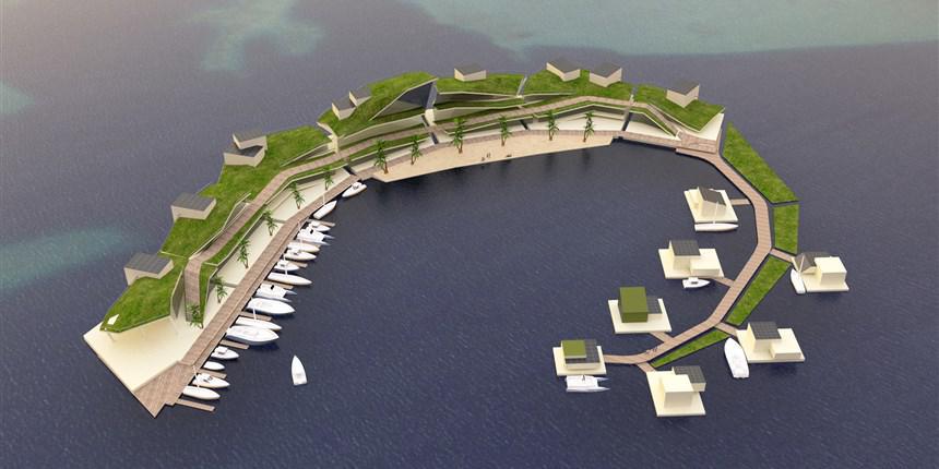 Une île flottante à 60 millions de dollars, "intégrée dans le paysage" polynésien (image : Blue Frontiers).