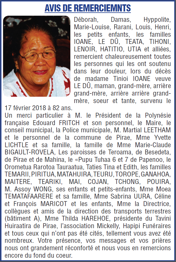Avis de remerciements Famille IOANE, LE DÛ, TEATA