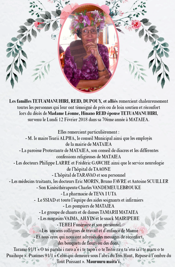 Avis de remerciements Famille TETUAMANUHIRI