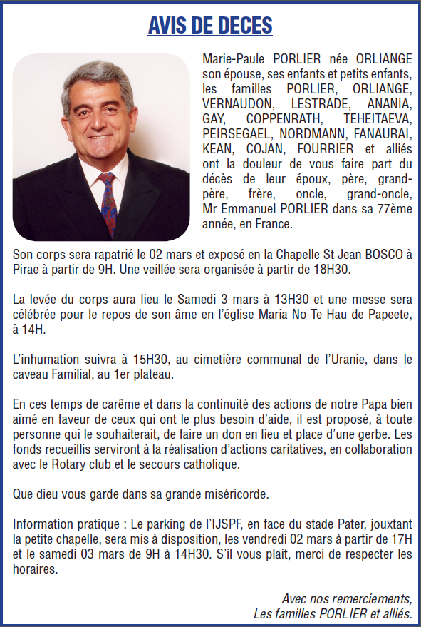 Décès de Monsieur PORLIER Emmanuel