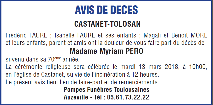 Décès de Madame Myriam PERO