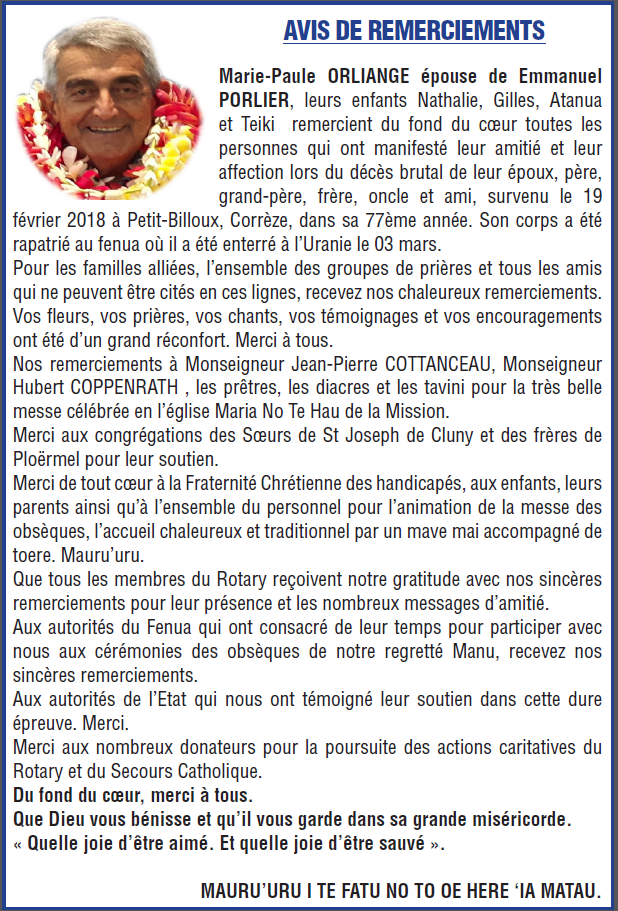 Avis de remerciements Famille PORLIER