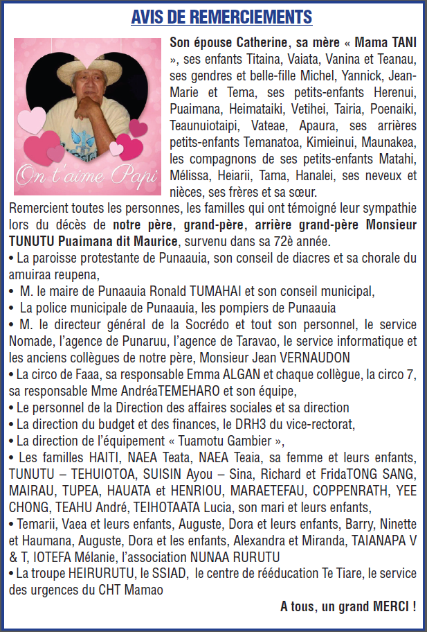Avis de remerciements Famille TUNUTU