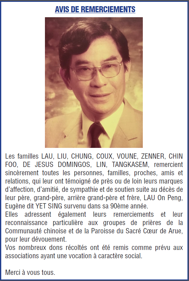 Avis de remerciements Famille LAU