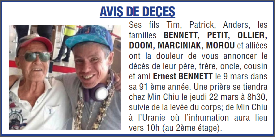 Décès de Monsieur Ernest BENNETT