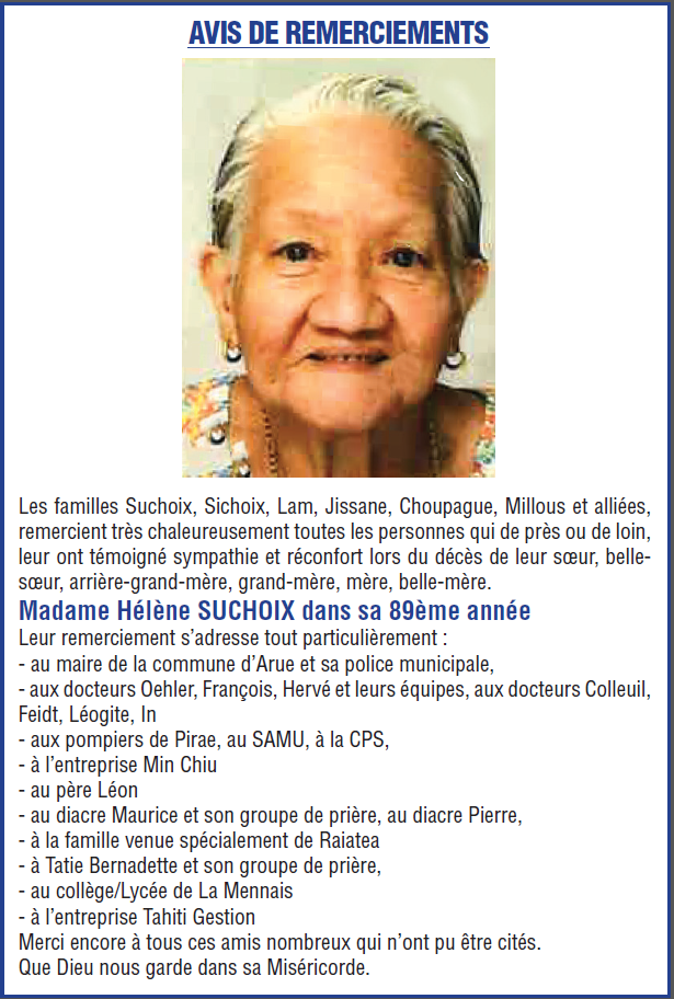 Avis de remerciements Famille SUCHOIX