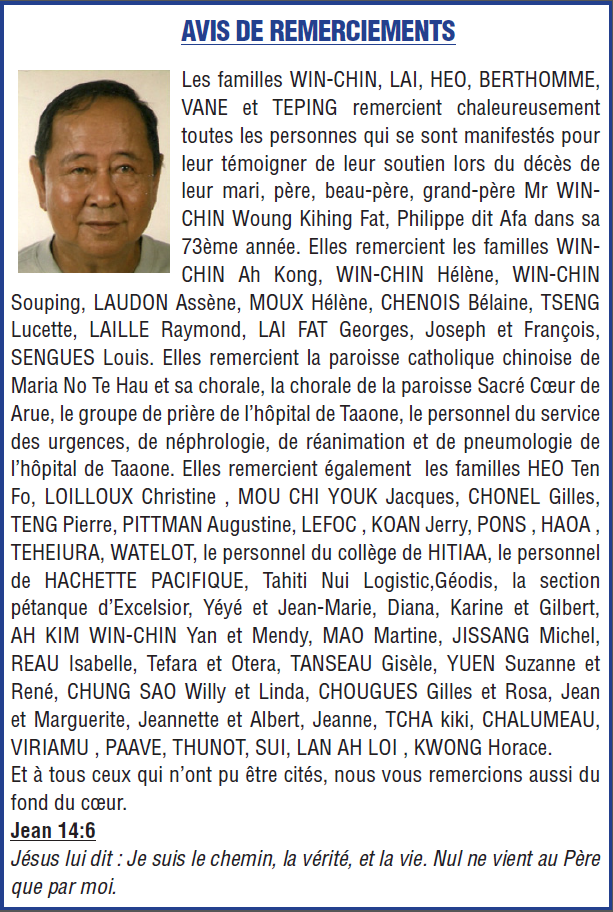 Avis de remerciements Famille WIN-CHIN