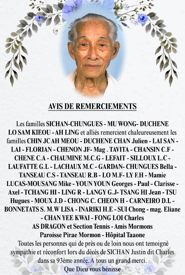 Avis de remerciements Famille SICHAN-CHUNGUES