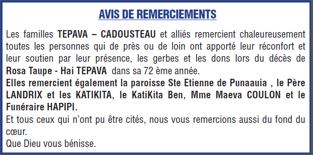 Avis de remerciements Famille TEPAVA-CADOUSTEAU