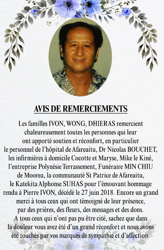 Avis de remerciement Famille IVON